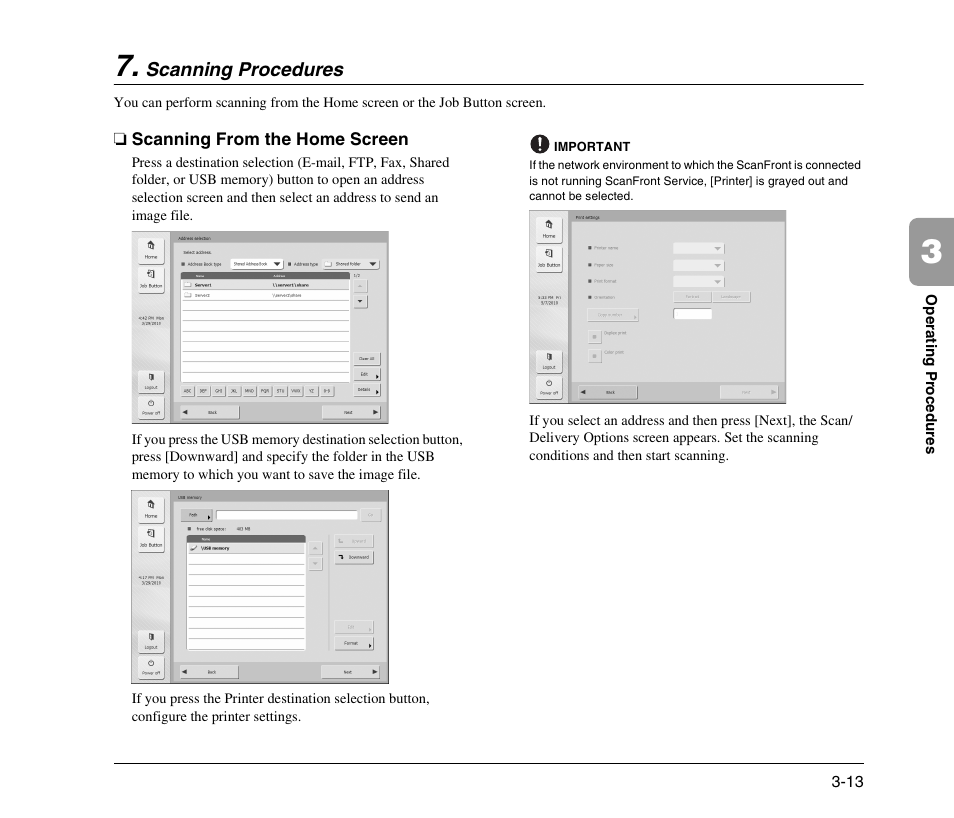Scanning procedures, Scanning from the home screen, Scanning procedures -13 | Scanning from the home screen -13, See “scanning procedures” on p. 3-13.) | Canon 300 User Manual | Page 43 / 100