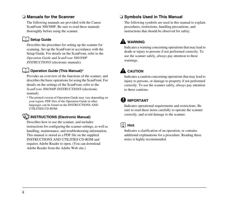 Manuals for the scanner, Symbols used in this manual | Canon 300 User Manual | Page 6 / 100