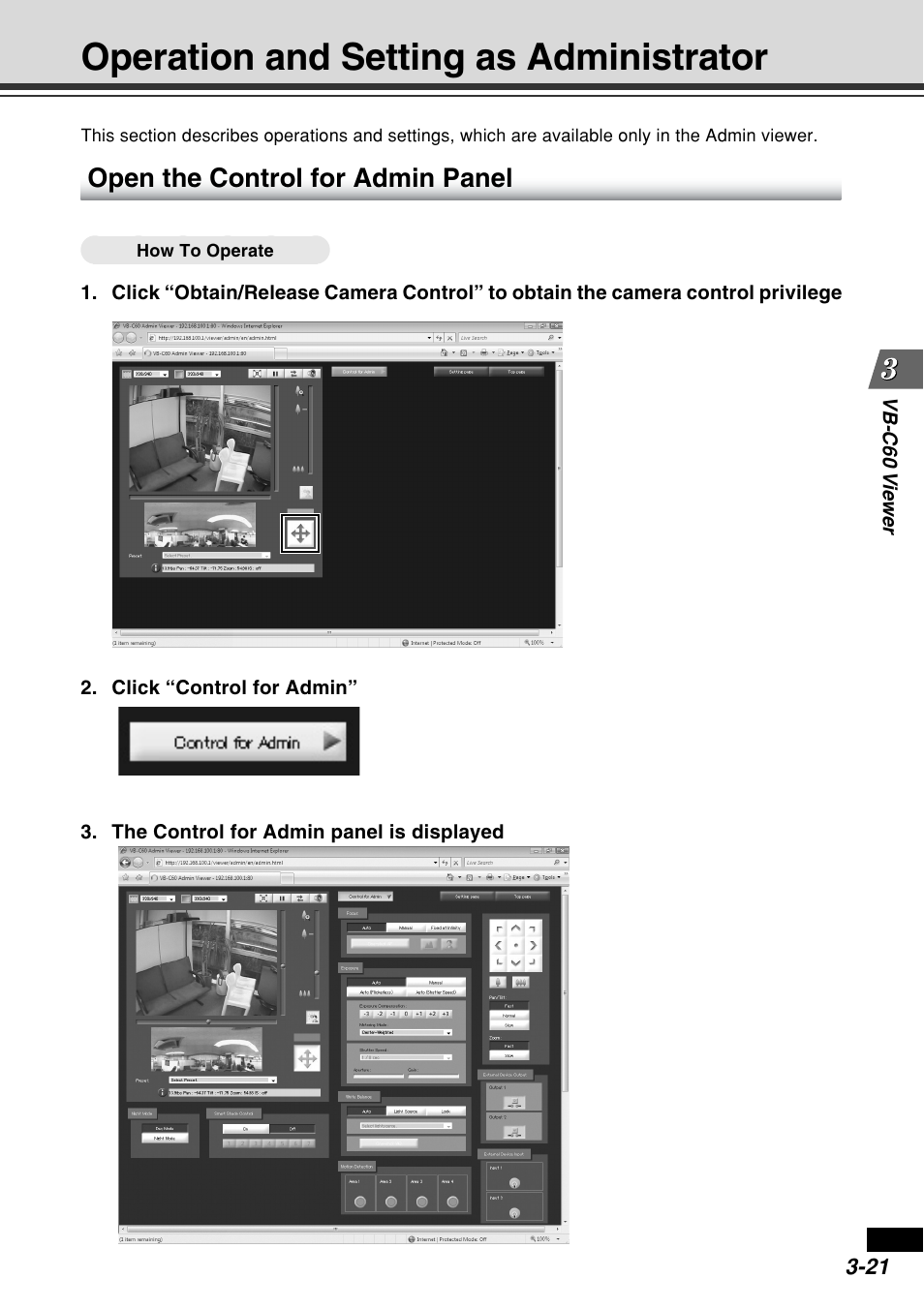 Operation and setting as administrator, Open the control for admin panel | Canon VB-C60B User Manual | Page 119 / 162