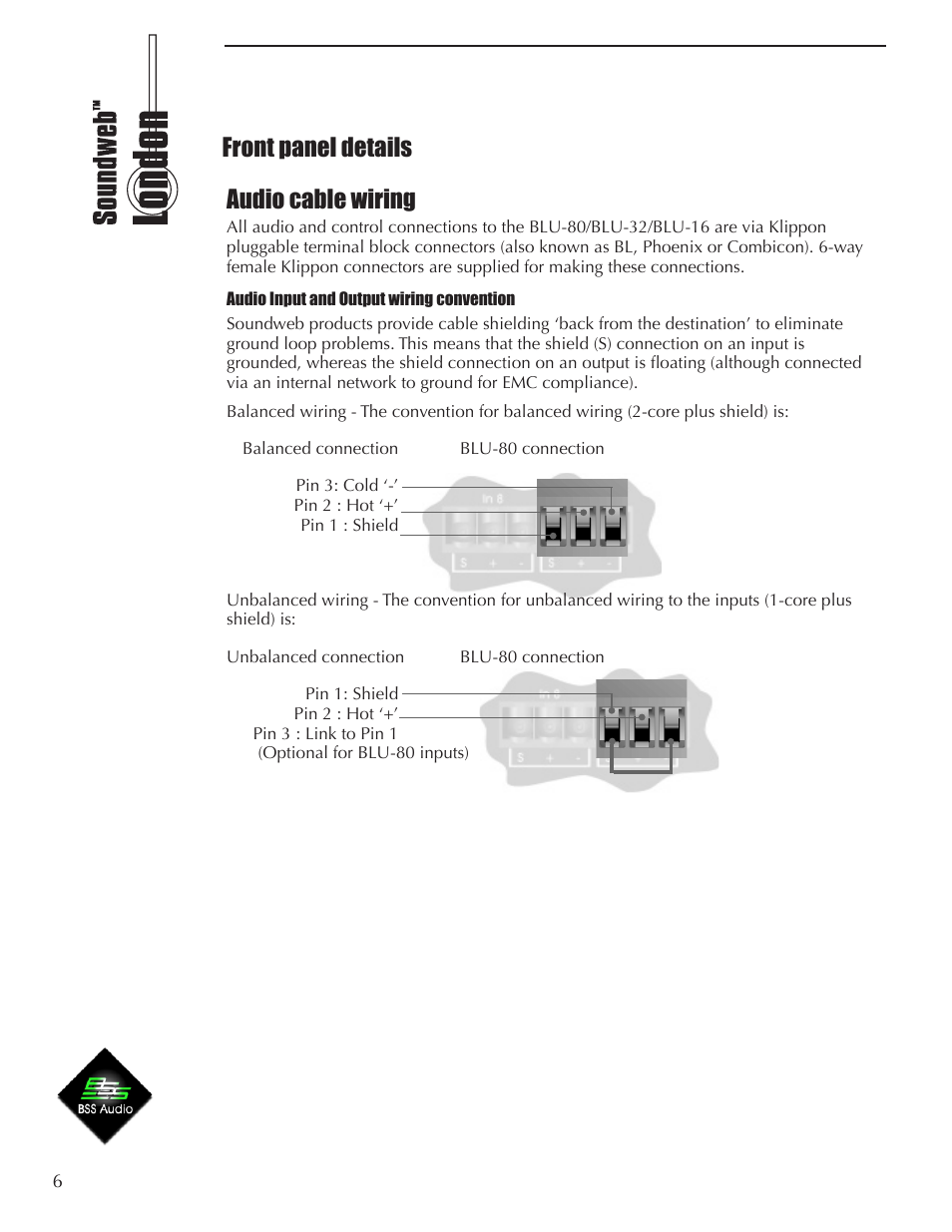 Audio cable wiring, Front panel details | BSS Audio BLU-16 Install Guide User Manual | Page 6 / 12