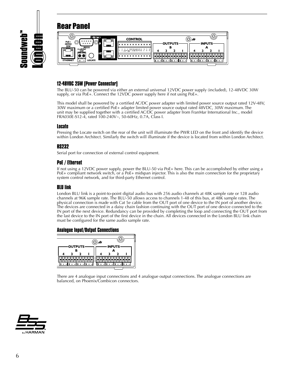 Rear panel, 48vdc 25w [power connector, Locate | Rs232, Poe / ethernet, Blu link, Analogue input/output connections | BSS Audio BLU-50 Install Guide User Manual | Page 12 / 20