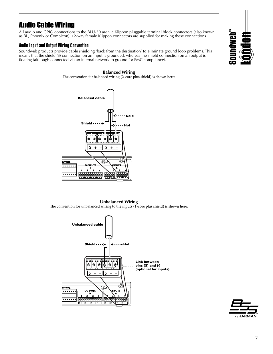Audio cable wiring, Audio input and output wiring convention | BSS Audio BLU-50 Install Guide User Manual | Page 13 / 20