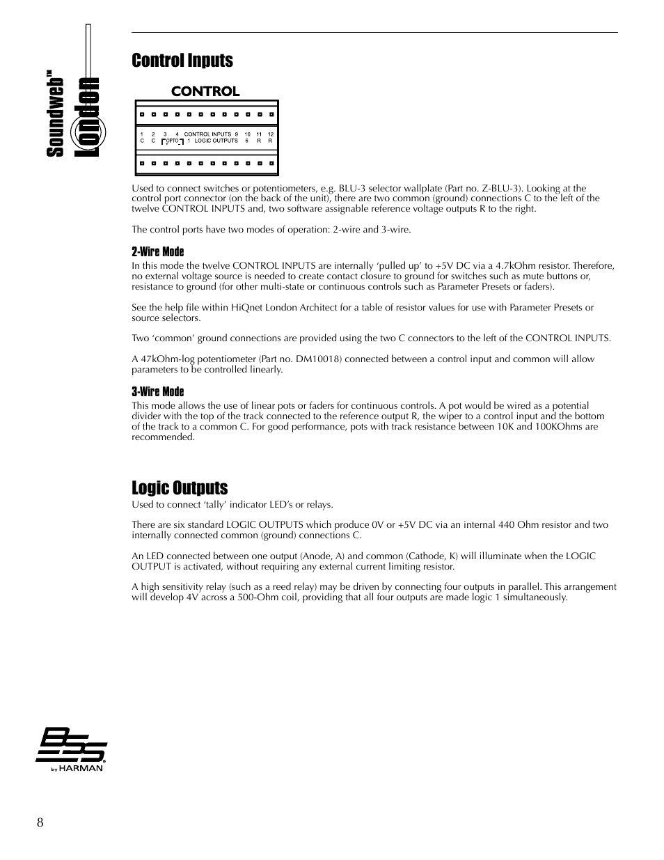 Control inputs, Wire mode, Logic outputs | BSS Audio BLU-50 Install Guide User Manual | Page 14 / 20