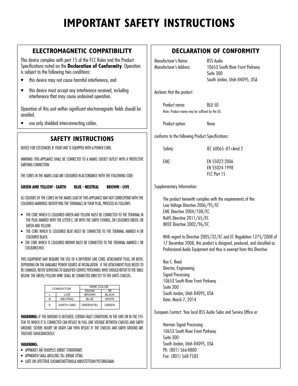 Important safety instructions, Electromagnetic compatibility, Declaration of conformity | Safety instructions | BSS Audio BLU-50 Install Guide User Manual | Page 3 / 20