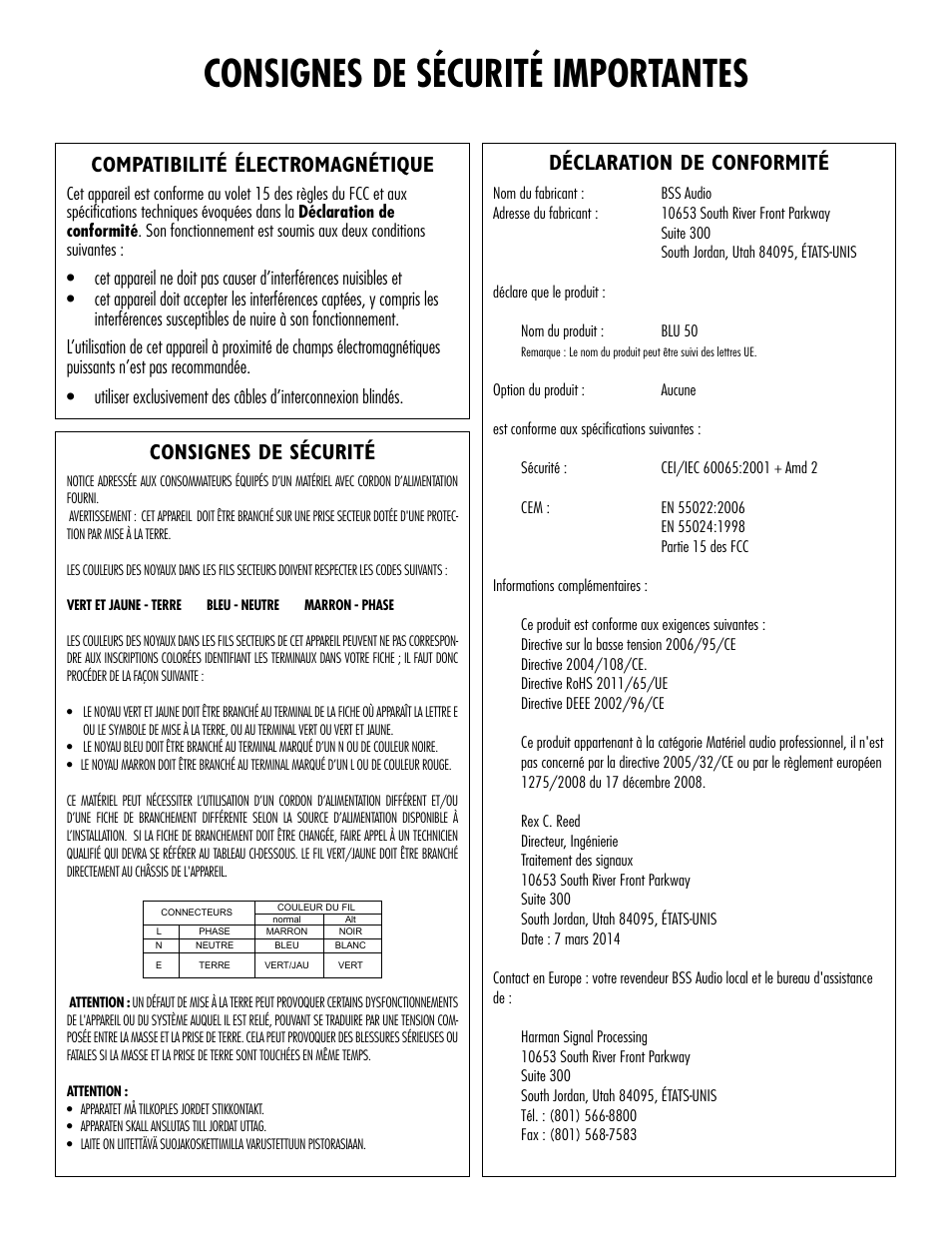 Consignes de sécurité importantes, Compatibilité électromagnétique, Déclaration de conformité | Consignes de sécurité | BSS Audio BLU-50 Install Guide User Manual | Page 5 / 20