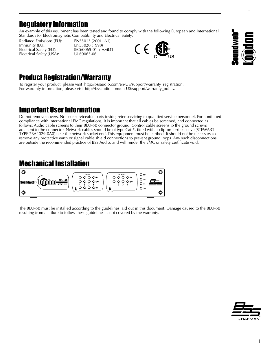 Regulatory information, Product registration/warranty, Important user information | Mechanical installation | BSS Audio BLU-50 Install Guide User Manual | Page 7 / 20