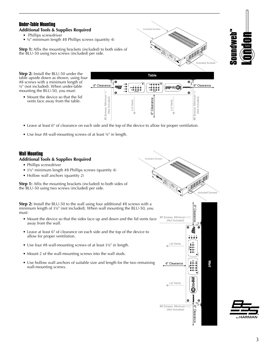 Under-table mounting, Wall mounting | BSS Audio BLU-50 Install Guide User Manual | Page 9 / 20