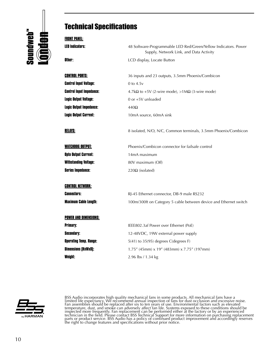 Technical specifications | BSS Audio BLU-GPX Owner's Manual User Manual | Page 10 / 12