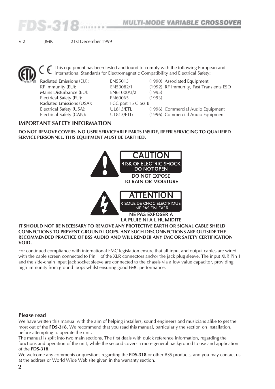BSS Audio FDS-318 Owner's Manual User Manual | Page 2 / 36