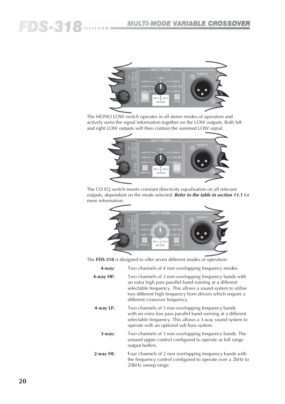 14 cd eq switch, 15 select mode switch | BSS Audio FDS-318 Owner's Manual User Manual | Page 20 / 36