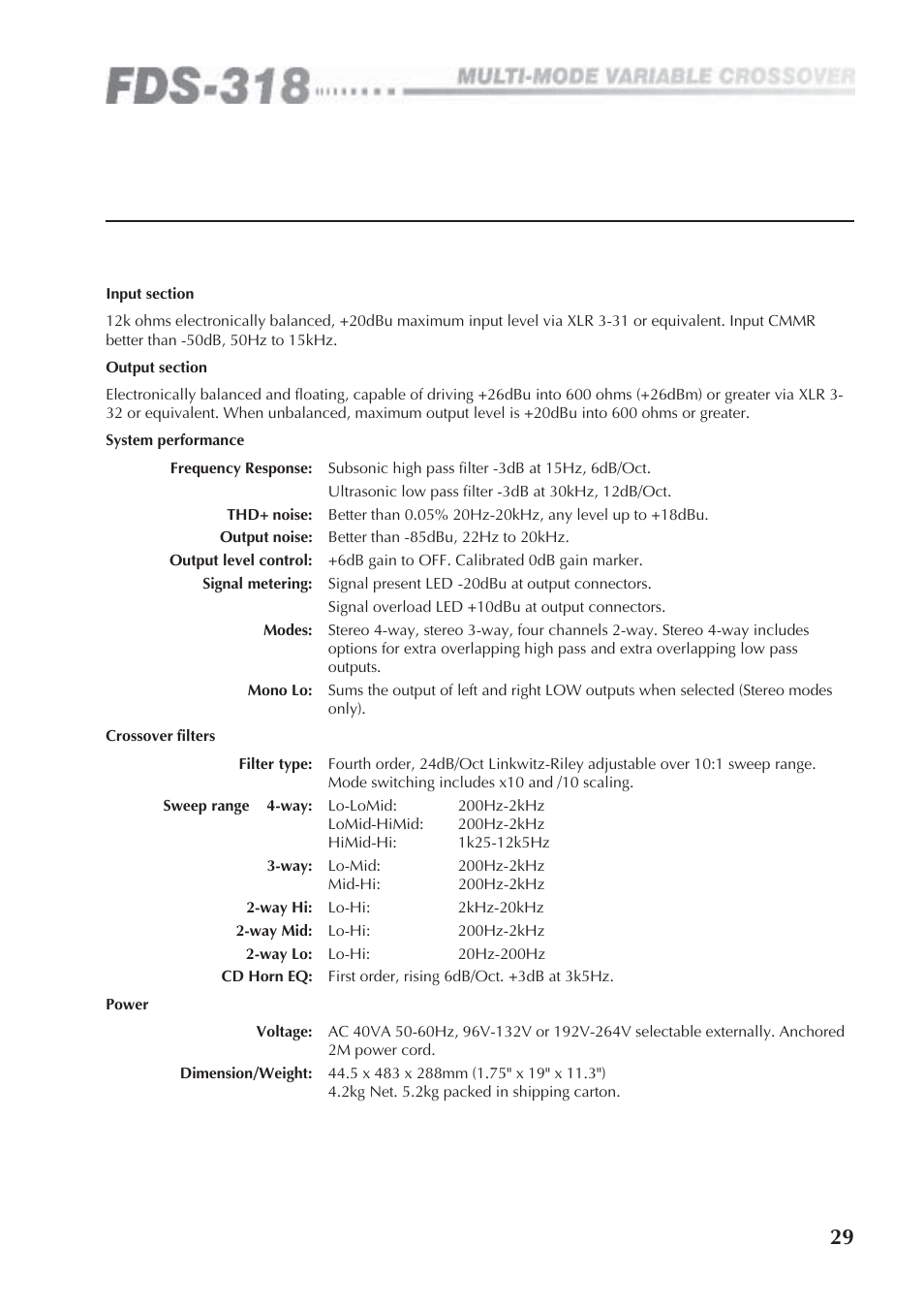 0 specifications, Specifications | BSS Audio FDS-318 Owner's Manual User Manual | Page 29 / 36