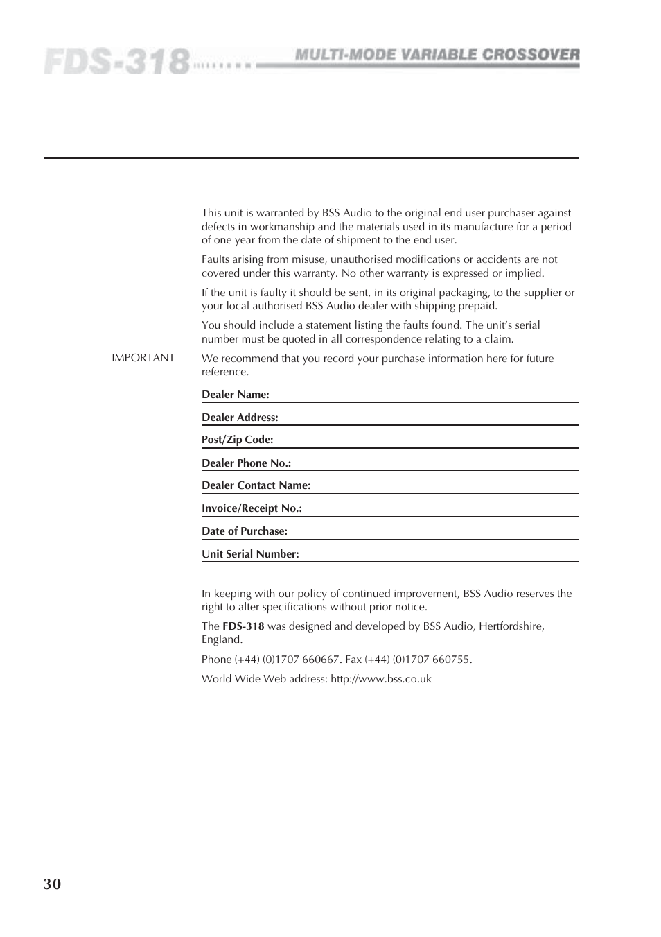0 warranty information, Warranty information | BSS Audio FDS-318 Owner's Manual User Manual | Page 30 / 36