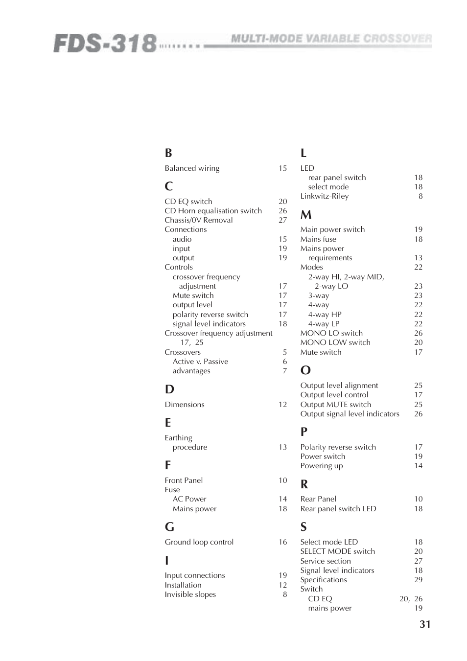 Index | BSS Audio FDS-318 Owner's Manual User Manual | Page 31 / 36