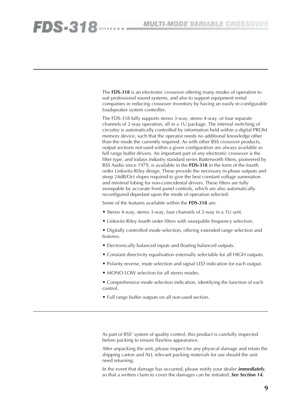 0 what is special about bss crossovers, 0 unpacking | BSS Audio FDS-318 Owner's Manual User Manual | Page 9 / 36