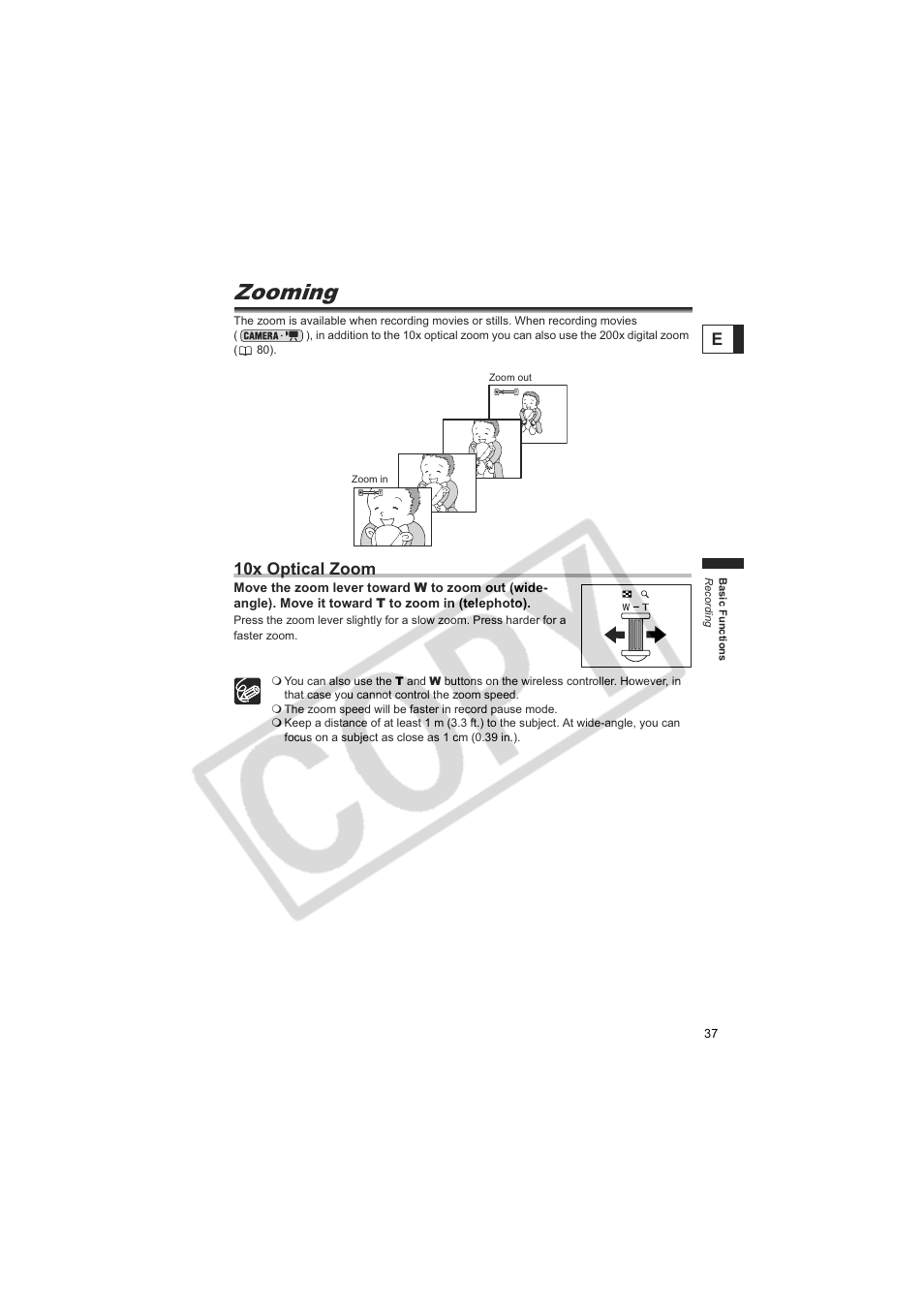 Zooming, 10x optical zoom | Canon DC20  EN User Manual | Page 37 / 148