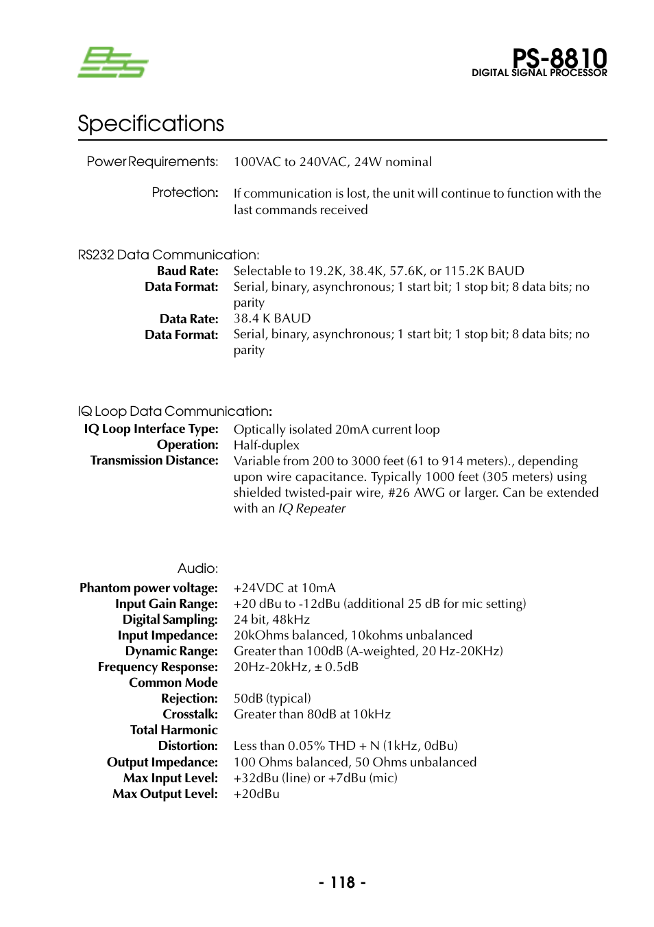 Ps-8810, Specifications | BSS Audio Prosys PS-8810 Owner's Manual User Manual | Page 118 / 121