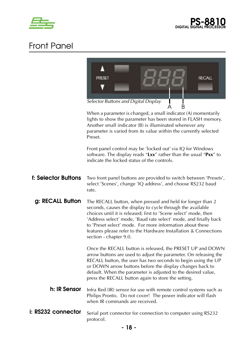 F: selector buttons, G: recall button, H: ir sensor | I: rs232 connector, Ps-8810, Front panel | BSS Audio Prosys PS-8810 Owner's Manual User Manual | Page 18 / 121