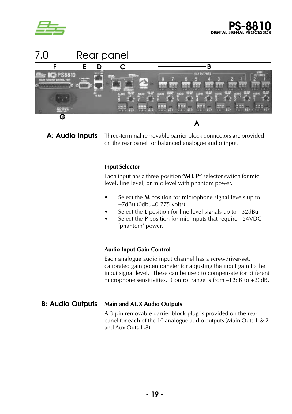 0 rear panel, A: audio inputs, B: audio outputs | A: audio inputs b: audio outputs, Ps-8810 | BSS Audio Prosys PS-8810 Owner's Manual User Manual | Page 19 / 121