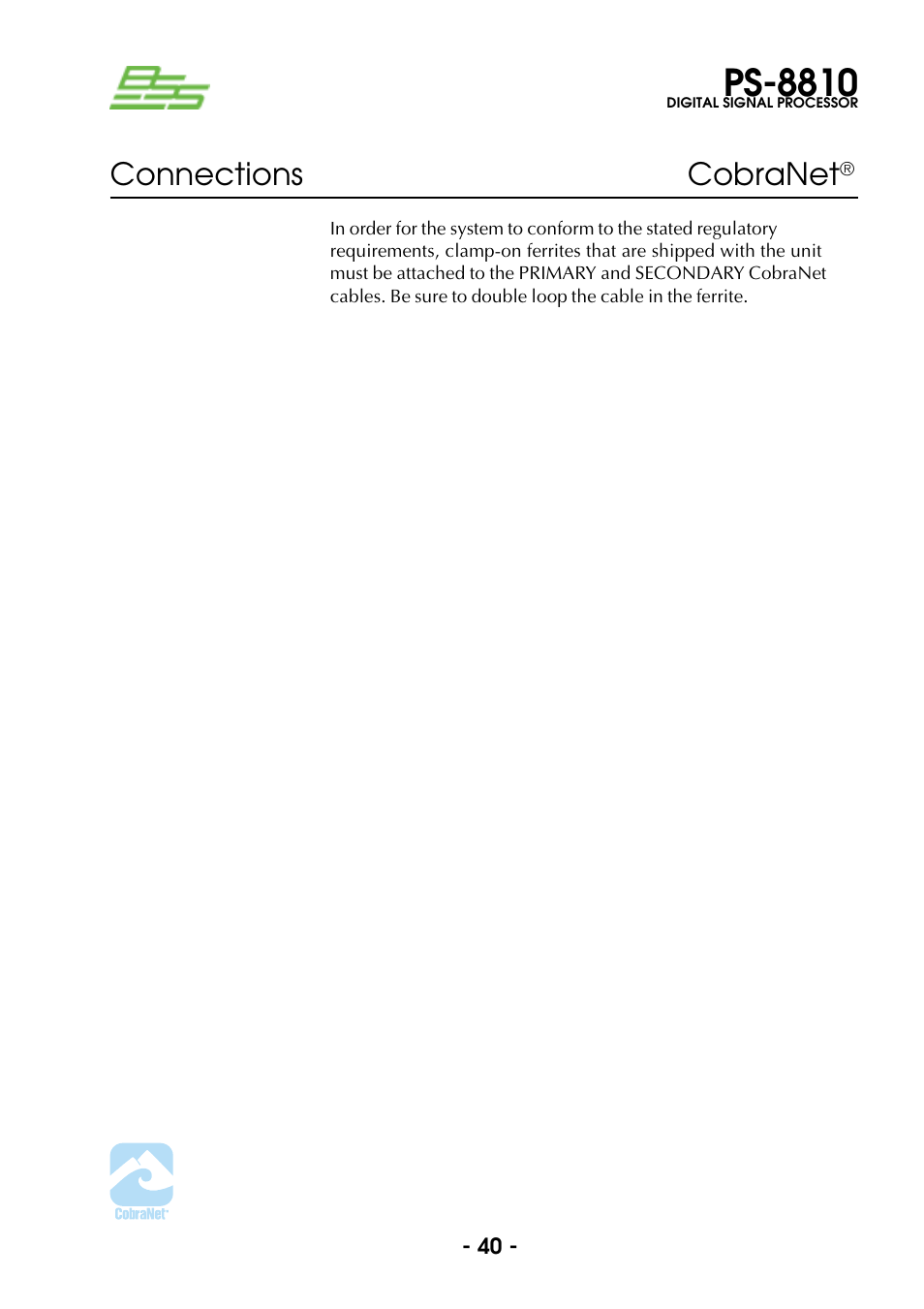 Ps-8810, Connections cobranet | BSS Audio Prosys PS-8810 Owner's Manual User Manual | Page 40 / 121