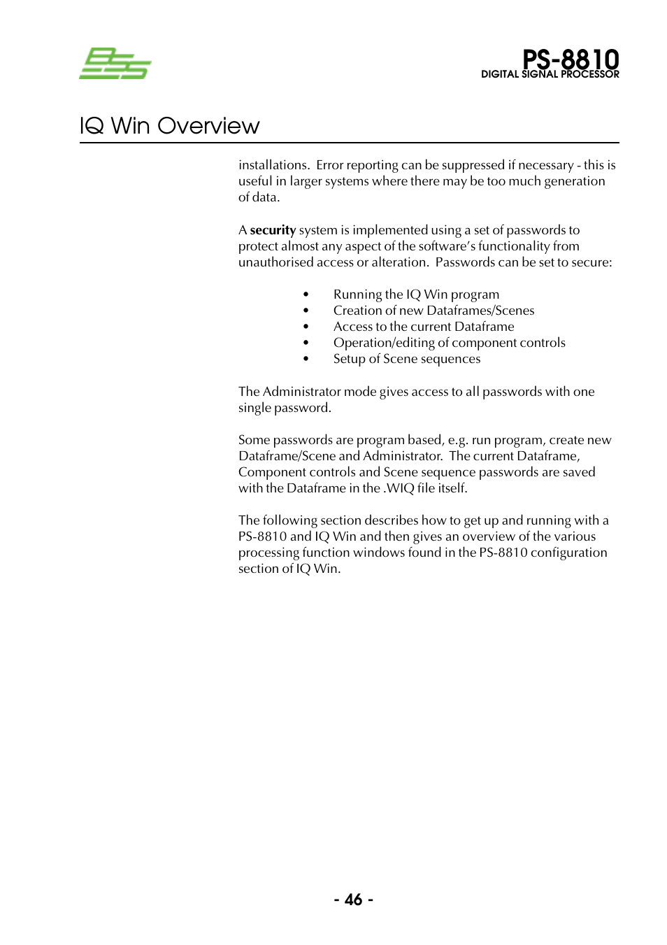 Ps-8810, Iq win overview | BSS Audio Prosys PS-8810 Owner's Manual User Manual | Page 46 / 121