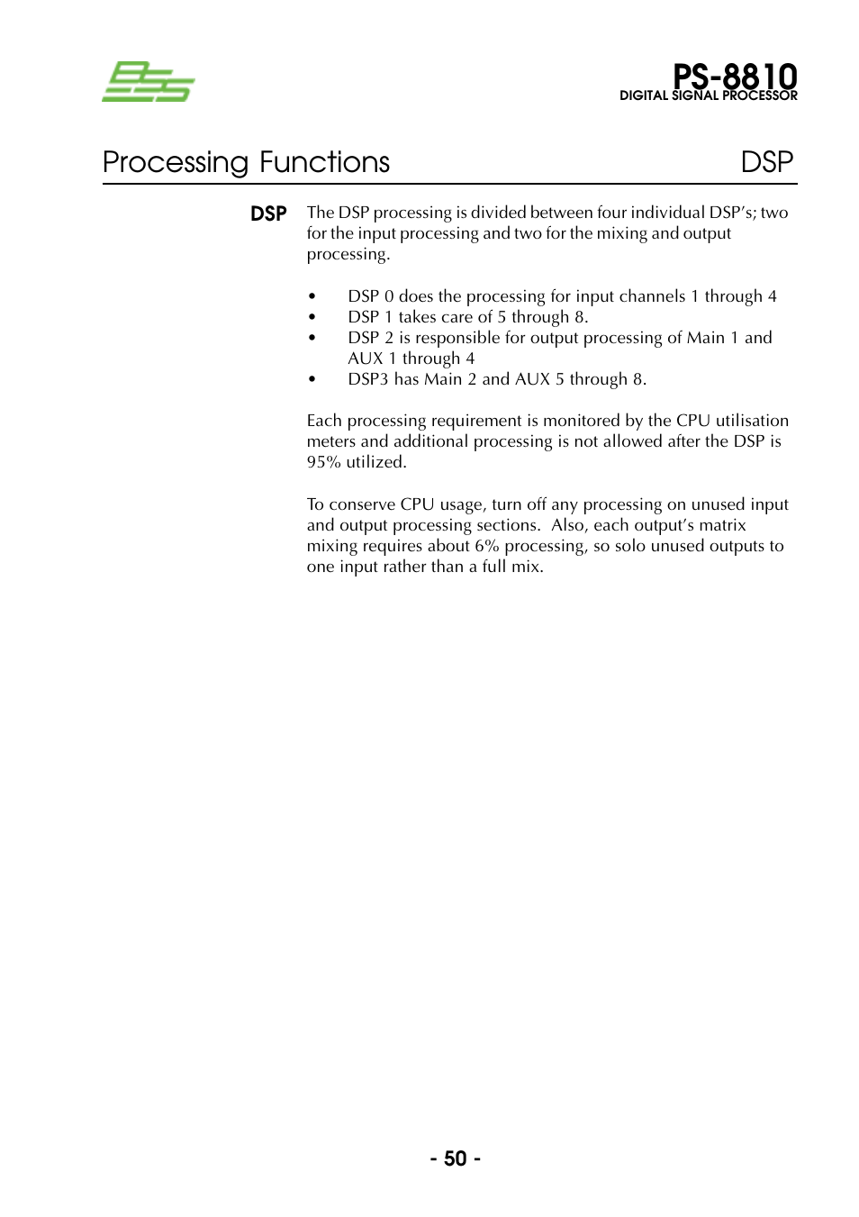 Ps-8810, Processing functions dsp | BSS Audio Prosys PS-8810 Owner's Manual User Manual | Page 50 / 121