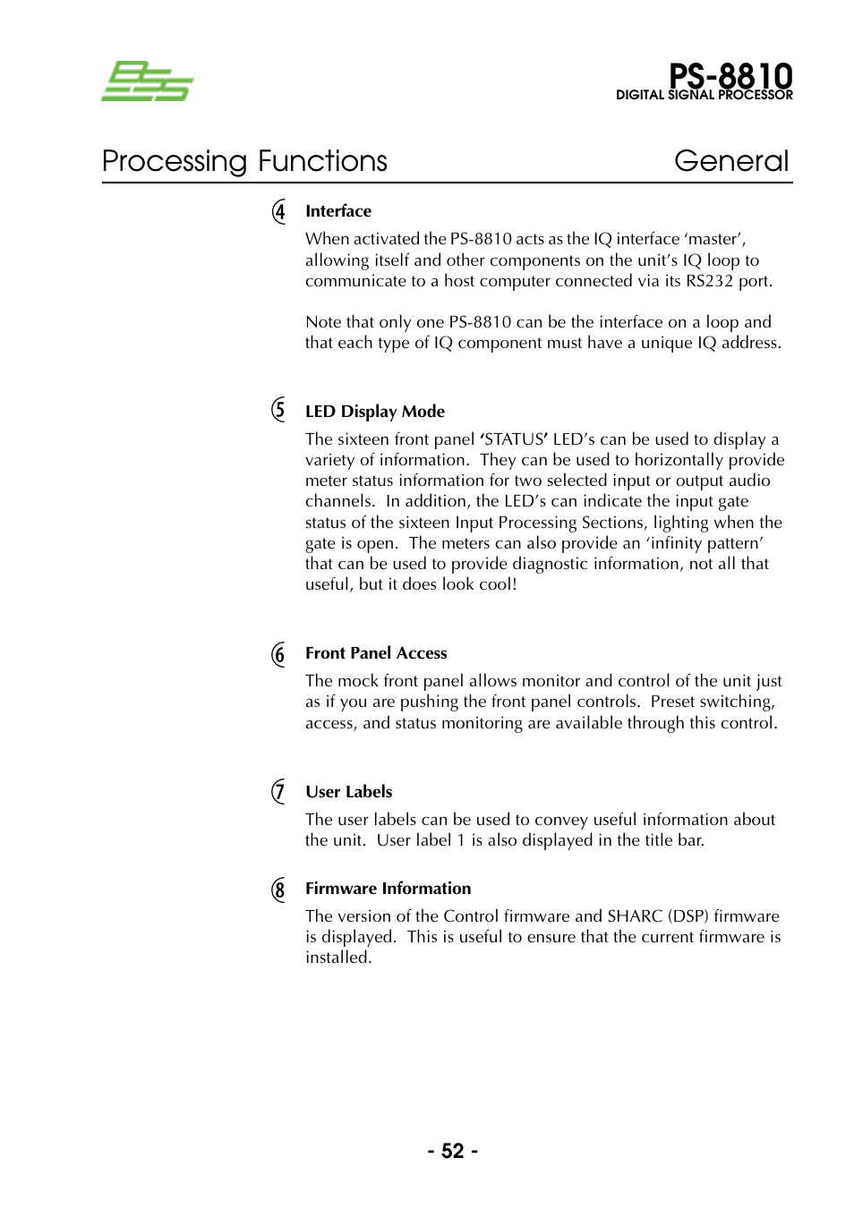 Interface, Led display mode, Front panel access | User labels, Firmware information, Ps-8810, Processing functions general | BSS Audio Prosys PS-8810 Owner's Manual User Manual | Page 52 / 121