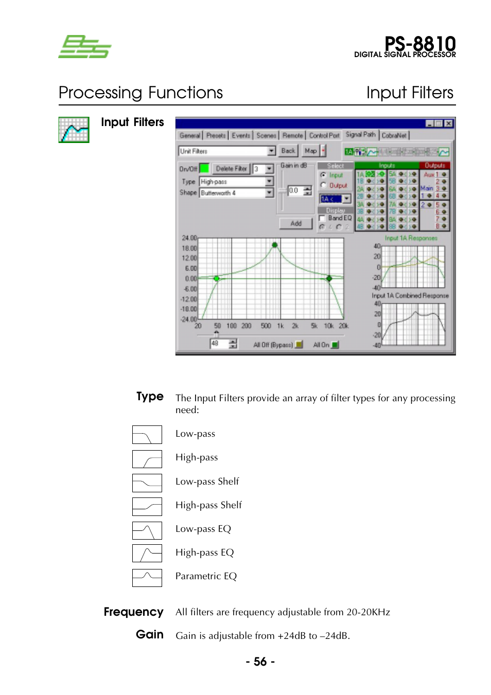 Input filters, Type, Frequency | Gain, Type frequency gain, Ps-8810, Processing functions input filters | BSS Audio Prosys PS-8810 Owner's Manual User Manual | Page 56 / 121