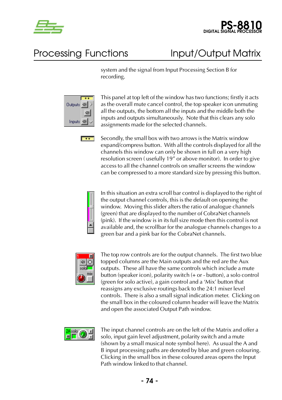 Ps-8810, Processing functions input/output matrix | BSS Audio Prosys PS-8810 Owner's Manual User Manual | Page 74 / 121