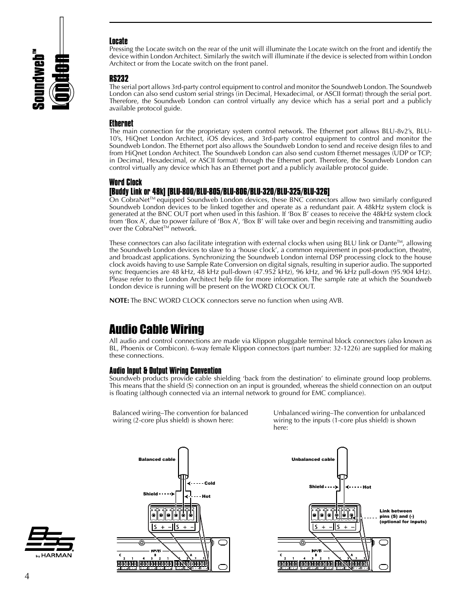 Locate, Rs232, Ethernet | Audio cable wiring, Audio input & output wiring convention | BSS Audio BLU Series Install Guide User Manual | Page 10 / 16