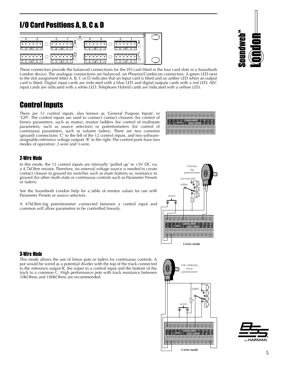 I/o card positions a, b, c & d, Control inputs, Wire mode | Bc d | BSS Audio BLU Series Install Guide User Manual | Page 11 / 16