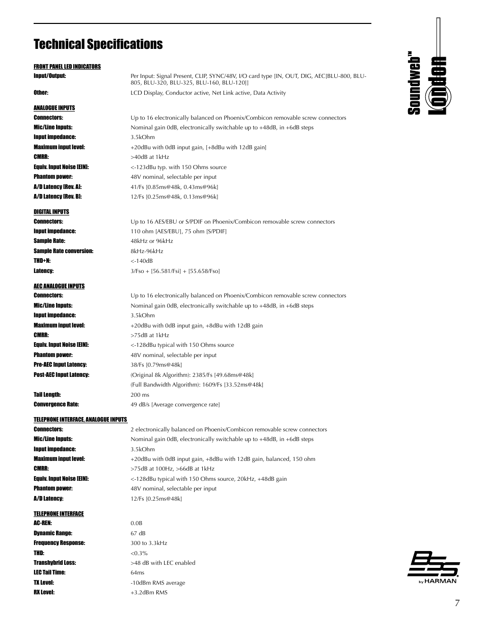 Technical specifications | BSS Audio BLU Series Install Guide User Manual | Page 13 / 16
