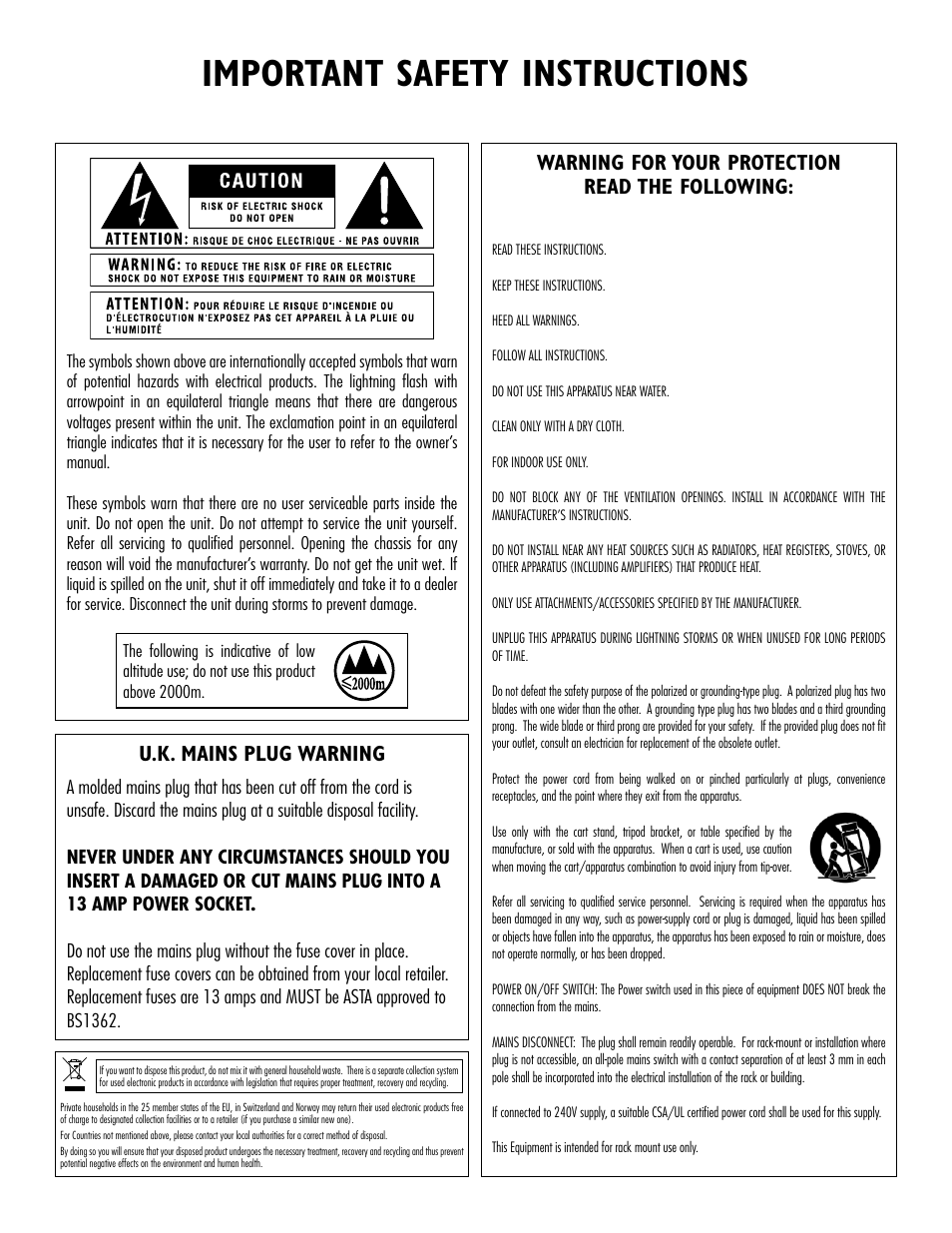 Important safety instructions, U.k. mains plug warning, Warning for your protection read the following | BSS Audio BLU Series Install Guide User Manual | Page 2 / 16