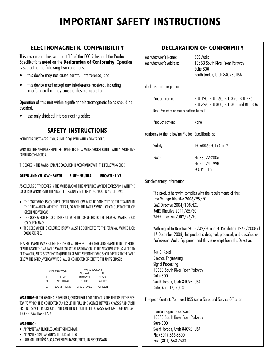 Important safety instructions, Electromagnetic compatibility, Declaration of conformity | Safety instructions | BSS Audio BLU Series Install Guide User Manual | Page 3 / 16