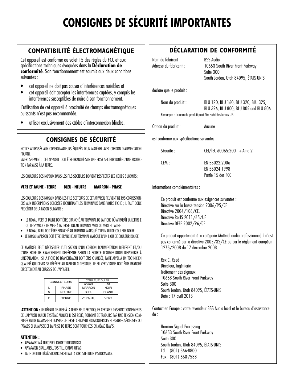 Consignes de sécurité importantes, Compatibilité électromagnétique, Déclaration de conformité | Consignes de sécurité | BSS Audio BLU Series Install Guide User Manual | Page 5 / 16