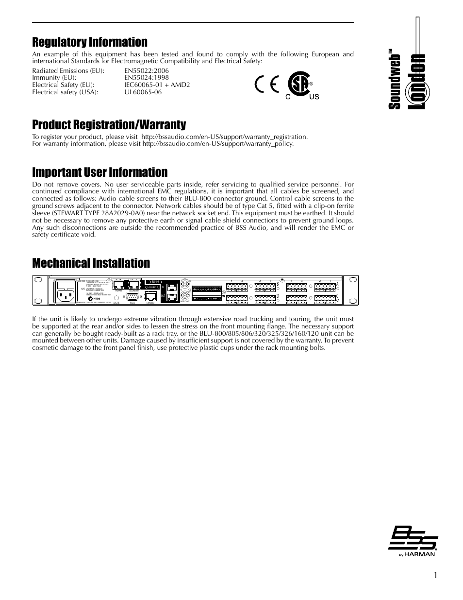 Regulatory information, Product registration/warranty, Important user information | Mechanical installation | BSS Audio BLU Series Install Guide User Manual | Page 7 / 16