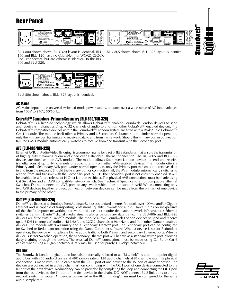 Rear panel, Ac mains, Avb [blu-805/blu-325 | Dantetm [blu-806/blu-326, Blu link, Cobranet, Dante | BSS Audio BLU Series Install Guide User Manual | Page 9 / 16