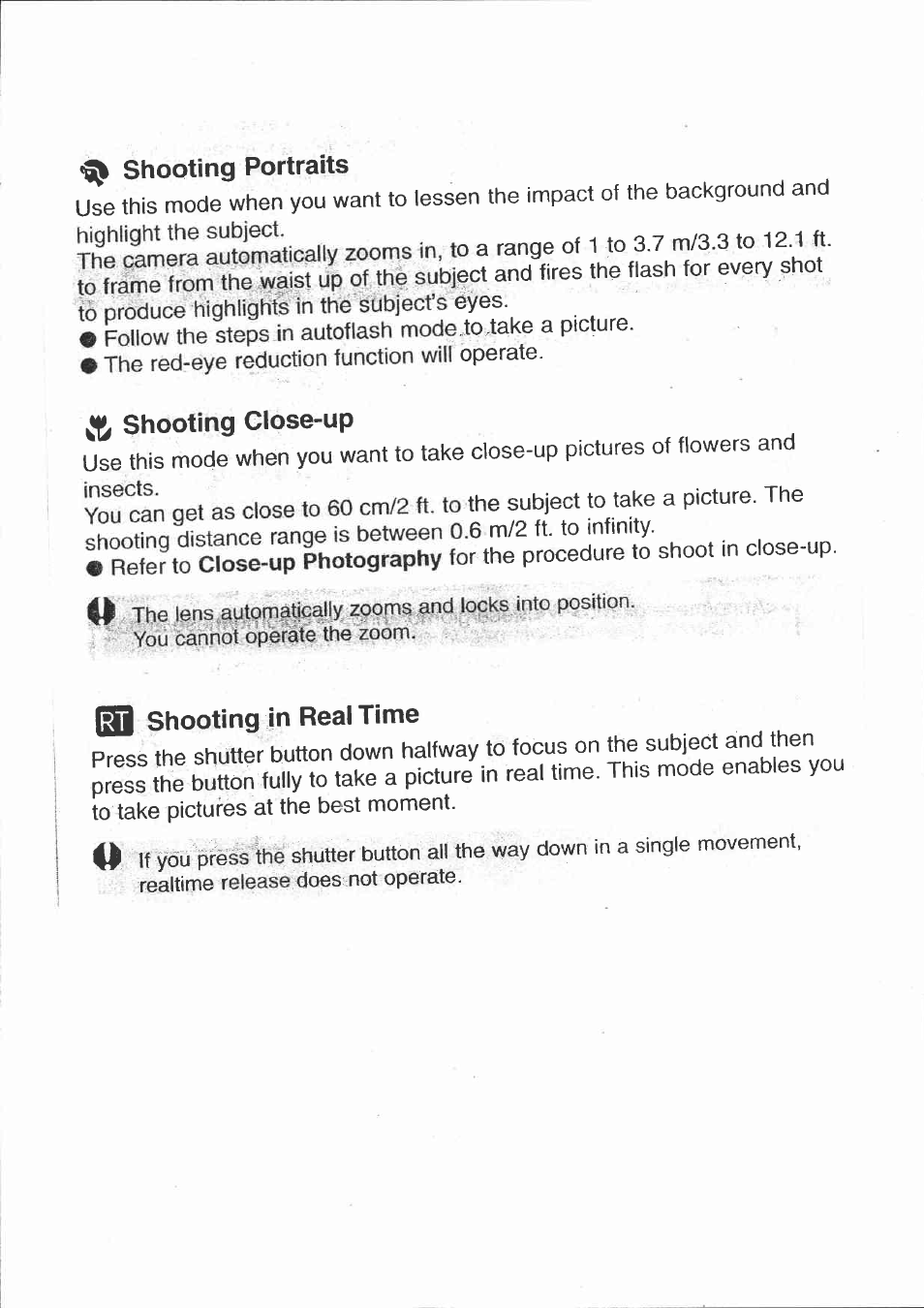 Shooting portraits, Shooting close-up, Shooting in real time | Canon 150U User Manual | Page 12 / 18