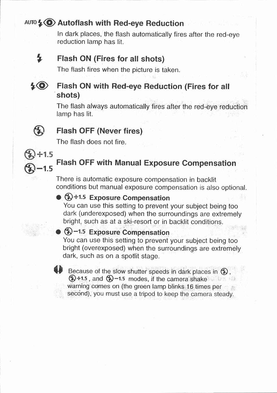 Auto ^<§> autoflash with red-eye reduction, R flash on (fires for all shots), Flash off (never fires) | Flash off with manual exposure compensation, Flash on (fires for all shots) | Canon 150U User Manual | Page 15 / 18