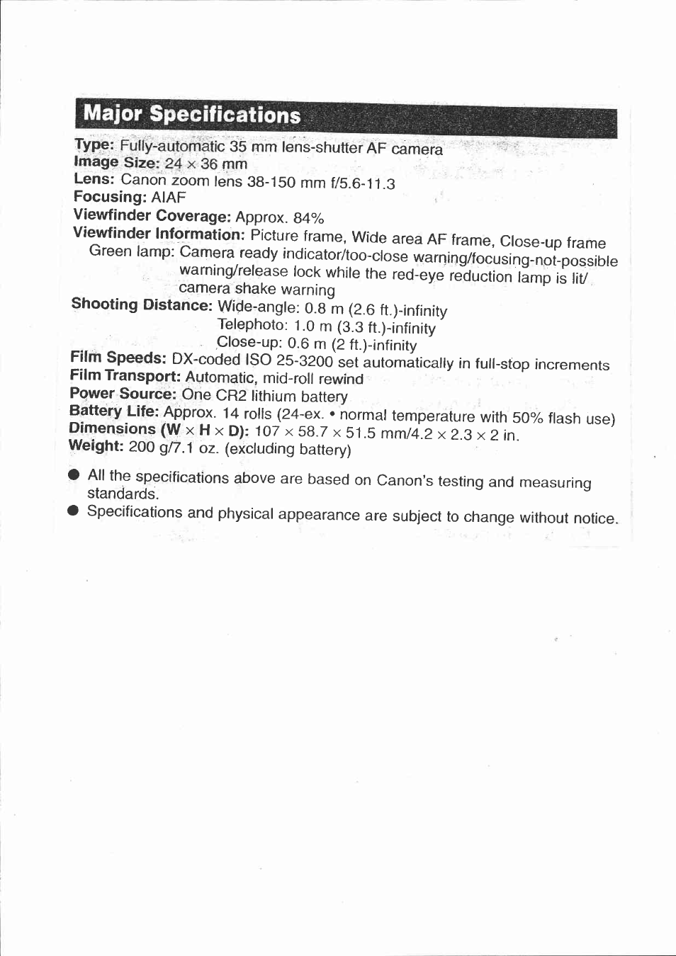 Major specifications | Canon 150U User Manual | Page 18 / 18