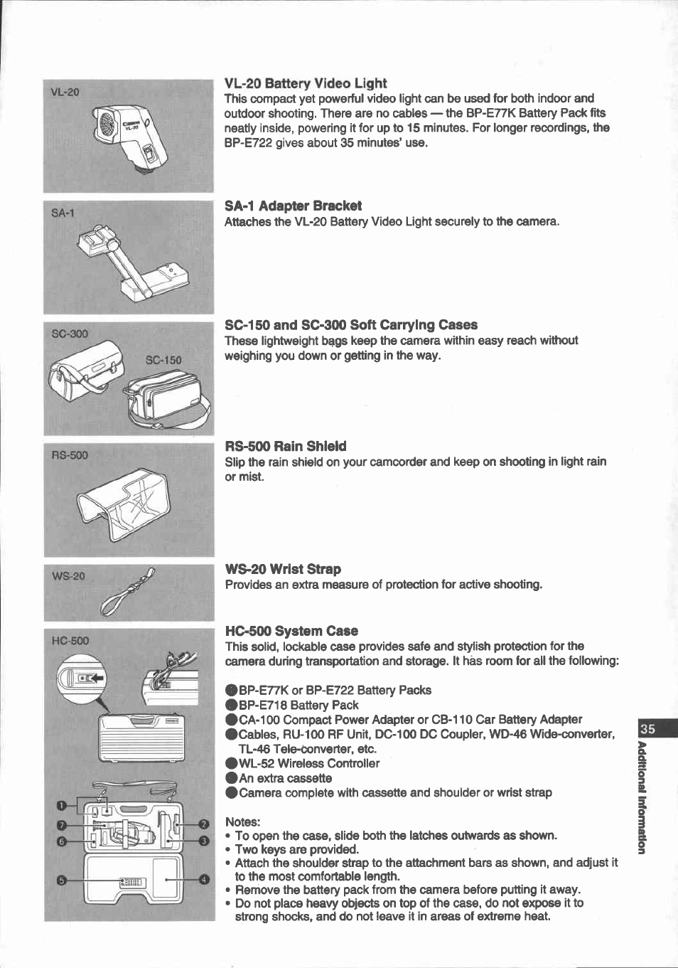 Optional accessories, Cb-110 car battery adapter, Bp-e718 battery pack | Bp-e722 and bp-e722d battery packs, Mc-100 multi-battery charger, Tl-46 tele-converter, Wd-46 wide-converter, Fs-46 filter set, Fs-46u filter set, Optionai accessories | Canon E 700 User Manual | Page 37 / 47