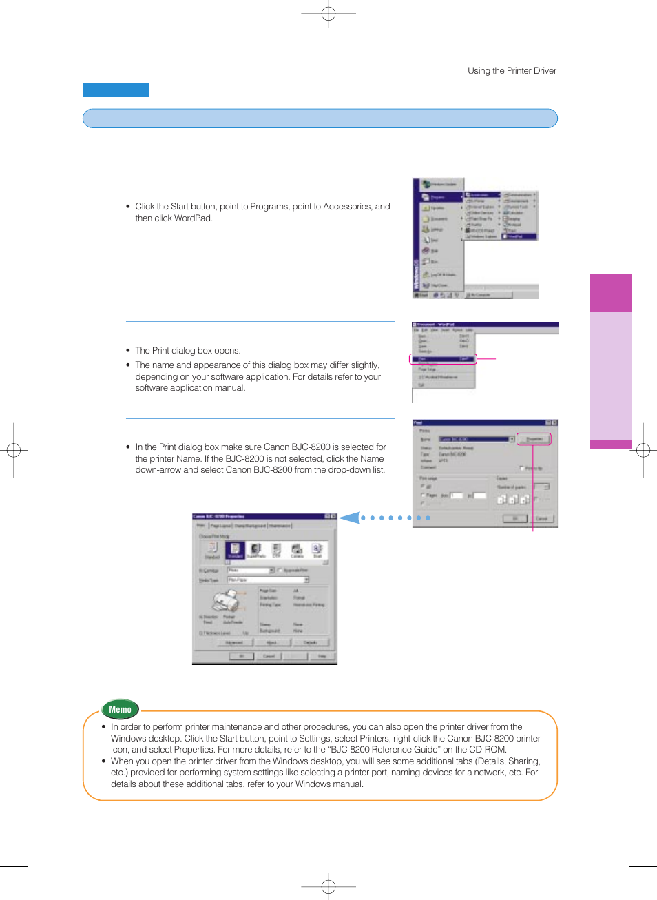Windows, 1 opening the printer driver, Driver, see chapter 2 | Canon BJC-8200 User Manual | Page 33 / 85