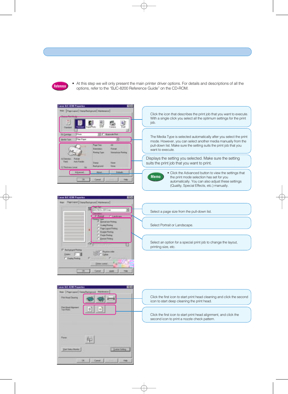 2 selecting the printer driver options | Canon BJC-8200 User Manual | Page 34 / 85