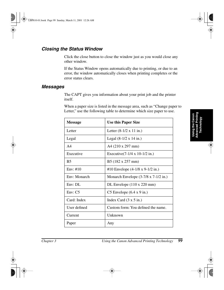Closing the status window, Messages, Closing the status window messages | Canon LBP-810 User Manual | Page 115 / 180