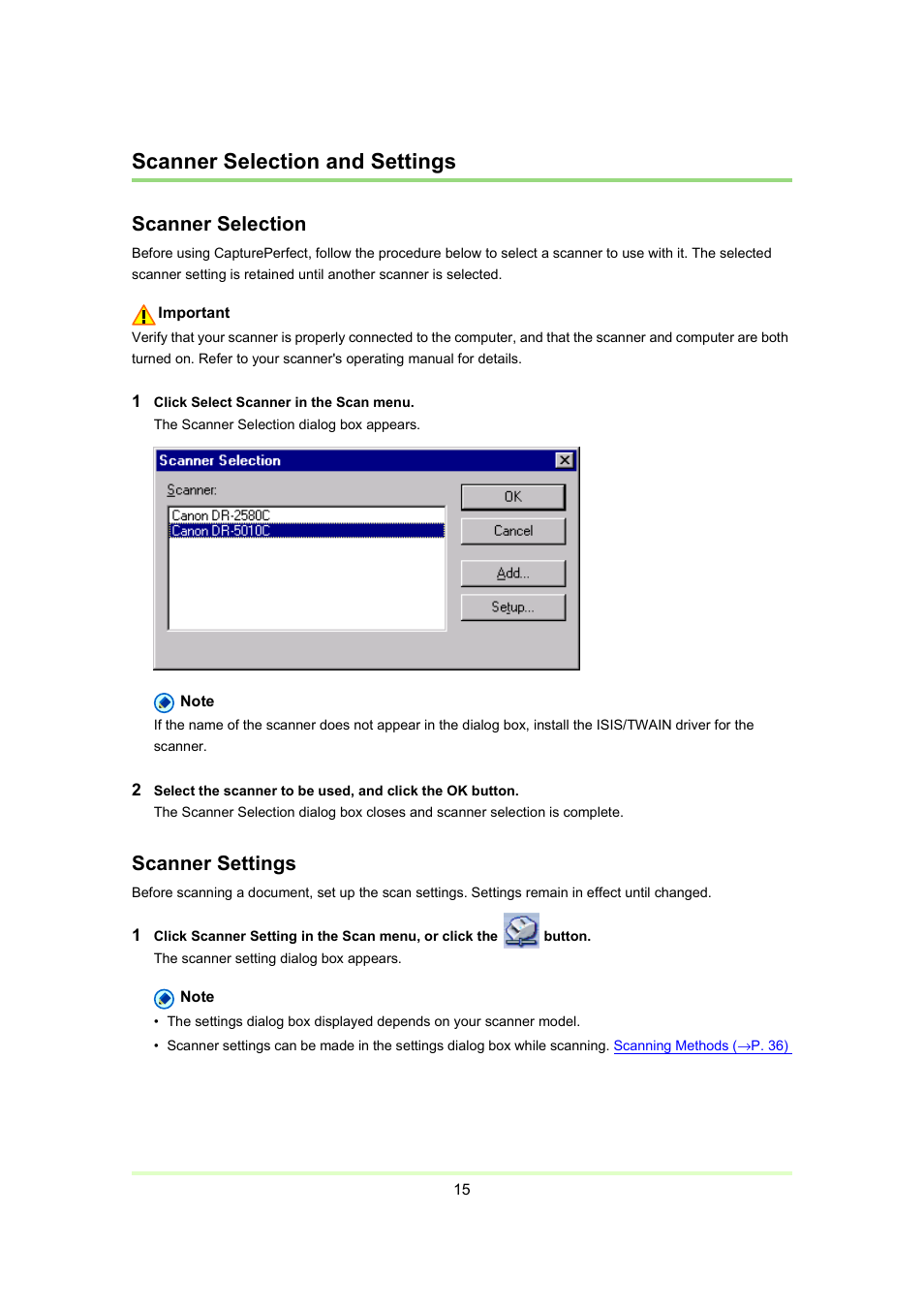 Scanner selection and settings, P. 15), Scanner selection | Scanner settings | Canon Capture Perfect 3.0 User Manual | Page 15 / 70