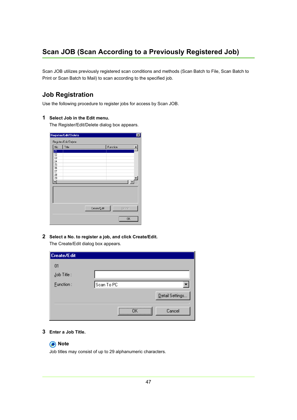 Scan job, Scan job (scan, According to a previously registered job) | P. 47), Job registration | Canon Capture Perfect 3.0 User Manual | Page 47 / 70