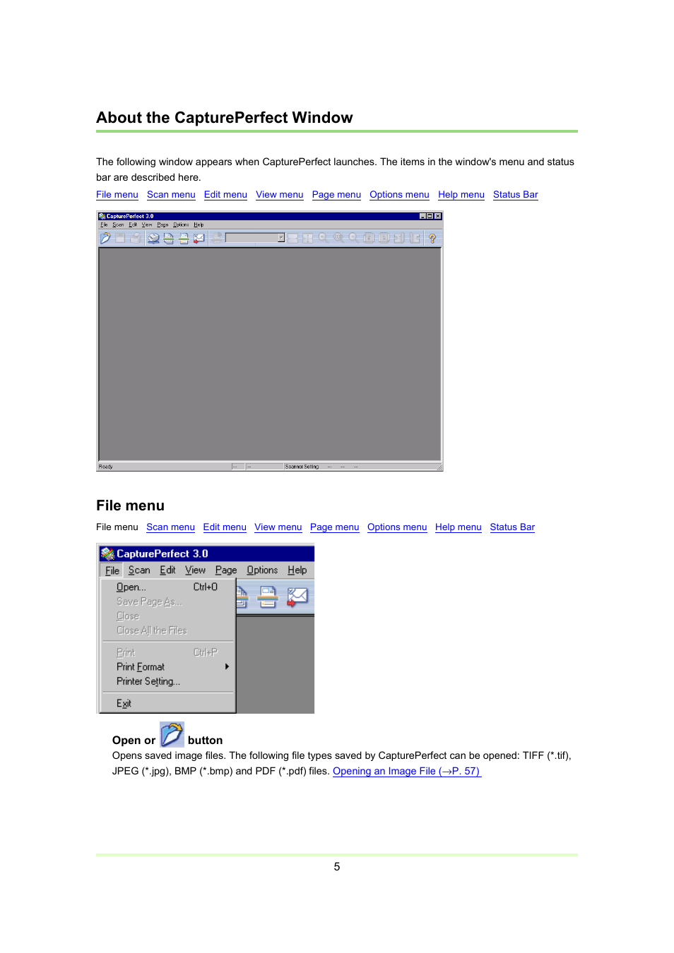 About the captureperfect window, P. 5), File menu | Canon Capture Perfect 3.0 User Manual | Page 5 / 70