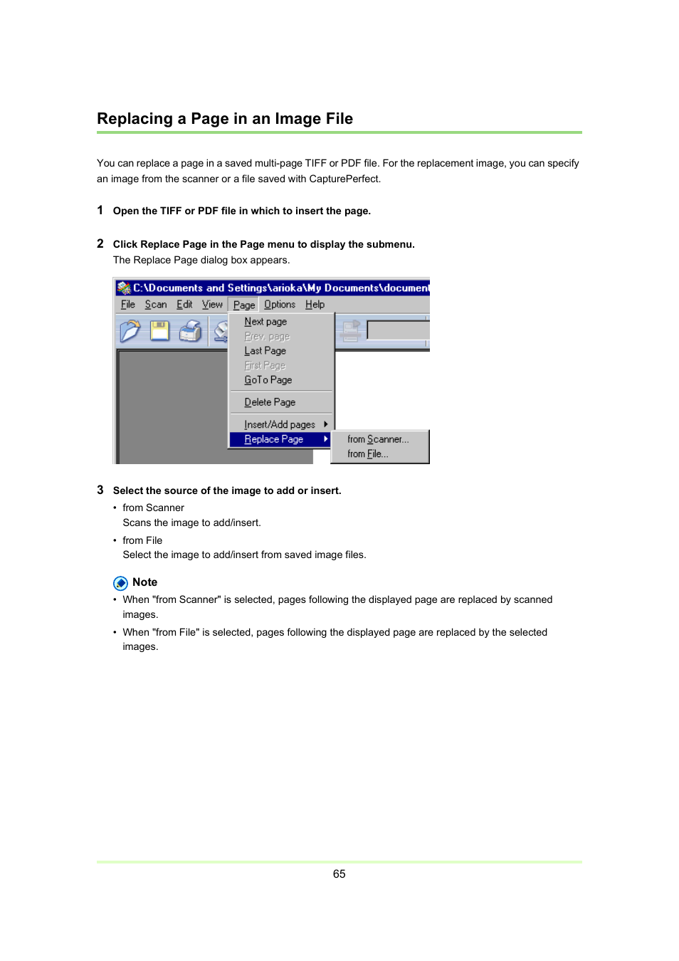 Image file, P. 65), Replacing a page in an image file | Canon Capture Perfect 3.0 User Manual | Page 65 / 70
