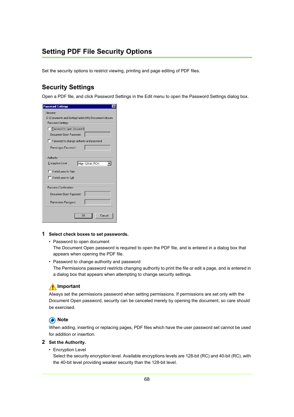Setting pdf file security options, Setting pdf, File security options | P. 68), Security settings | Canon Capture Perfect 3.0 User Manual | Page 68 / 70