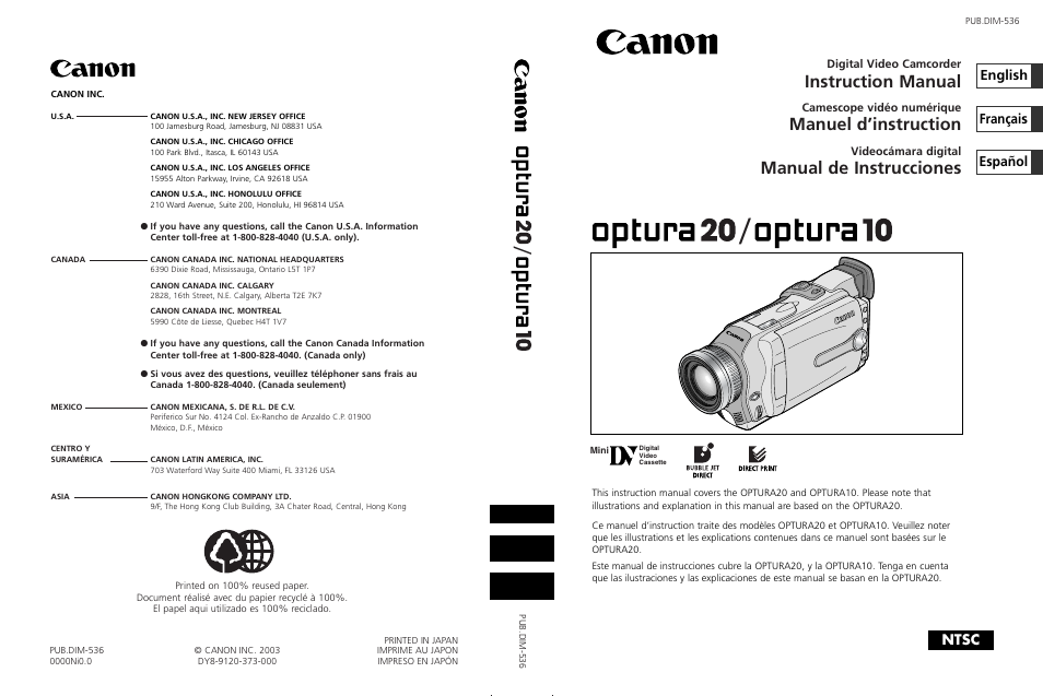 Canon OPTURA10 User Manual | 163 pages