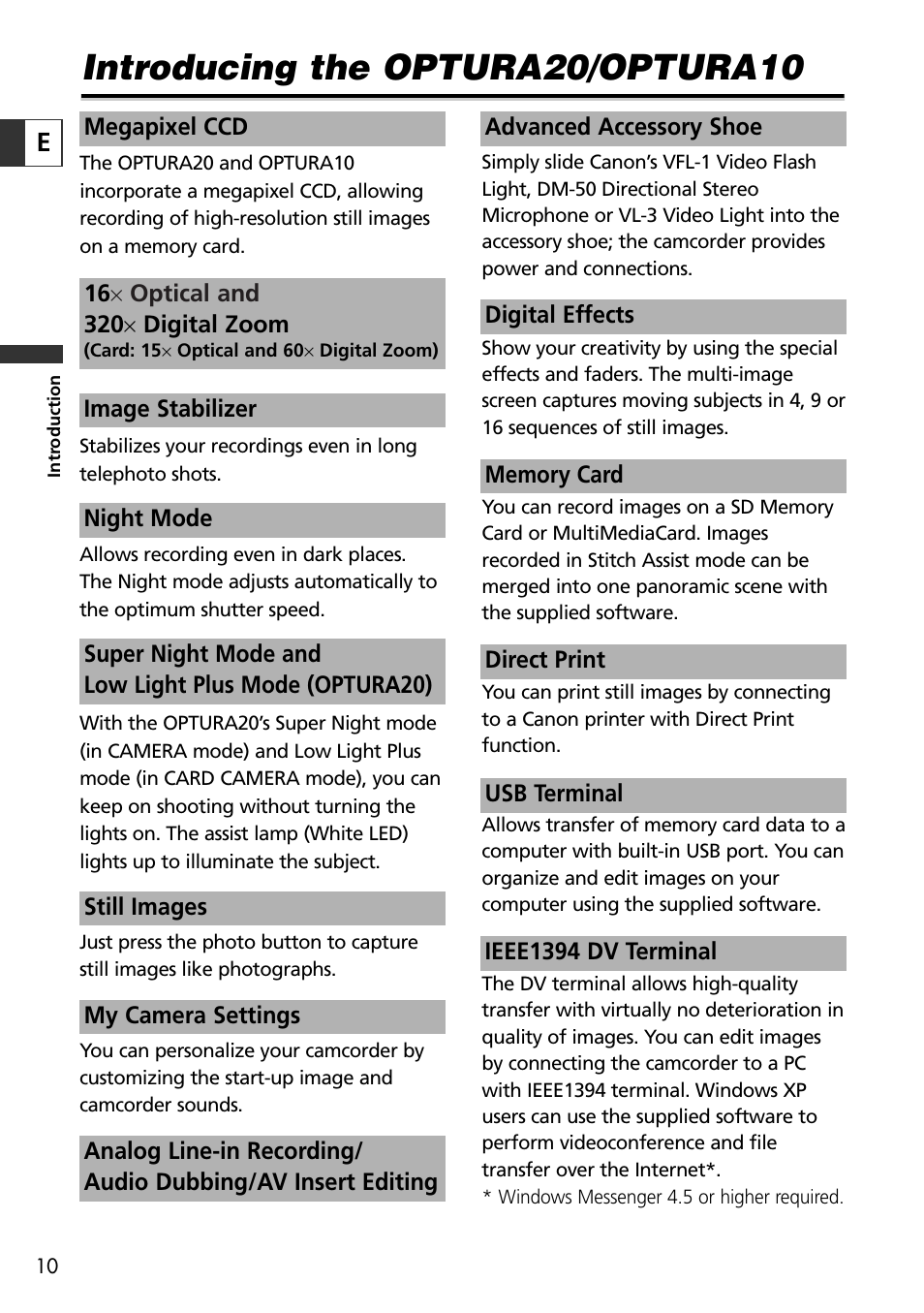 Introducing the optura20/optura10 | Canon OPTURA10 User Manual | Page 10 / 163